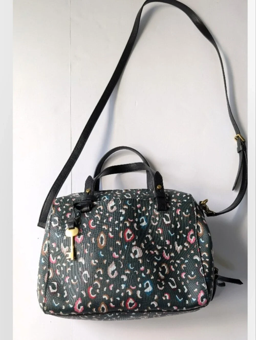 Fossil Rachel Black Green Multicolor Leopard Print Crossbody Satchel